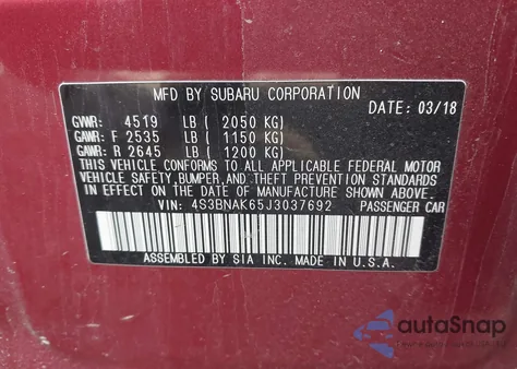 2018 Subaru Legacy 2.5I Limited from USA, damaged, VIN 4S3BNAK65J3037692